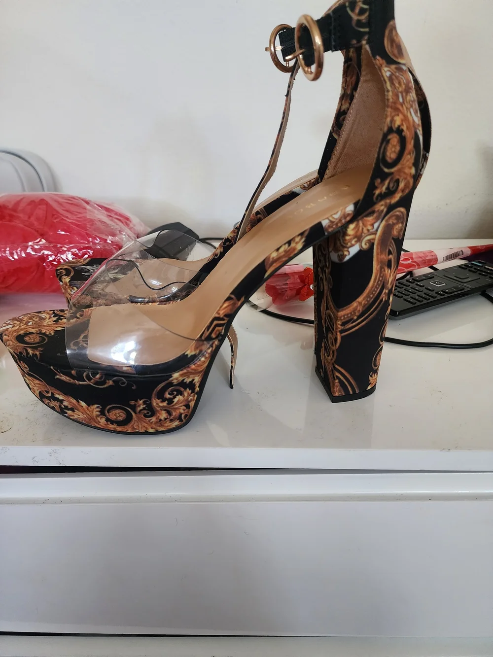 BAMBOO Black & Gold Scroll Platform Sandals with Clear Toe Strap